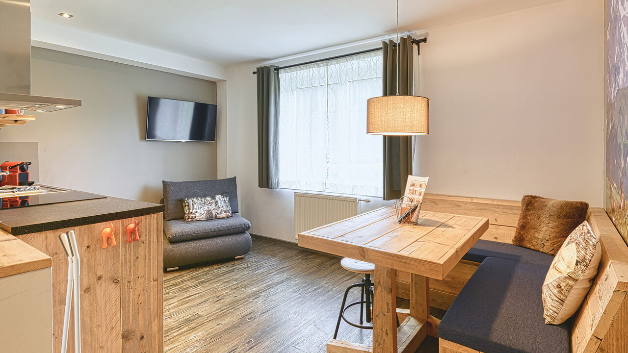 Wohn- und Essbereich mit Küche und Sesselbett im Apartment Kaiserburg