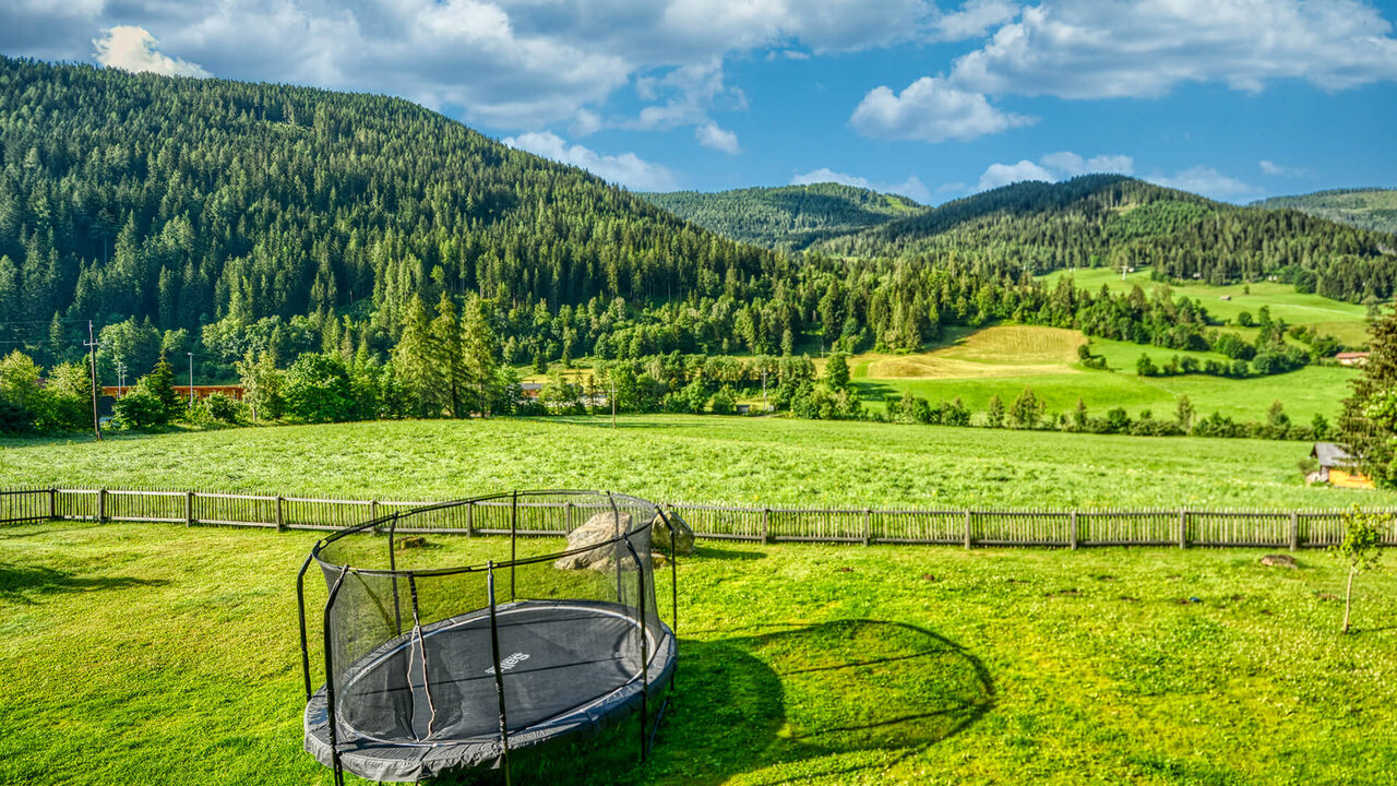 Garten der Nockberge Lodge mit Trampolin und Blick auf die Berge