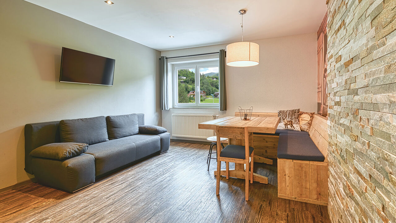 Wohnbereich mit Sofa, Essecke und Fernseher im Apartment Spitzegg