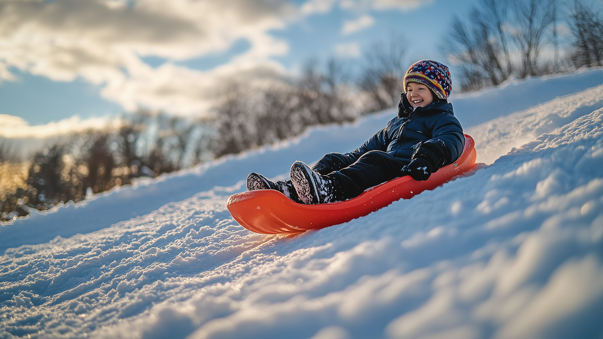 Bambino che scende con lo slittino su un pendio innevato