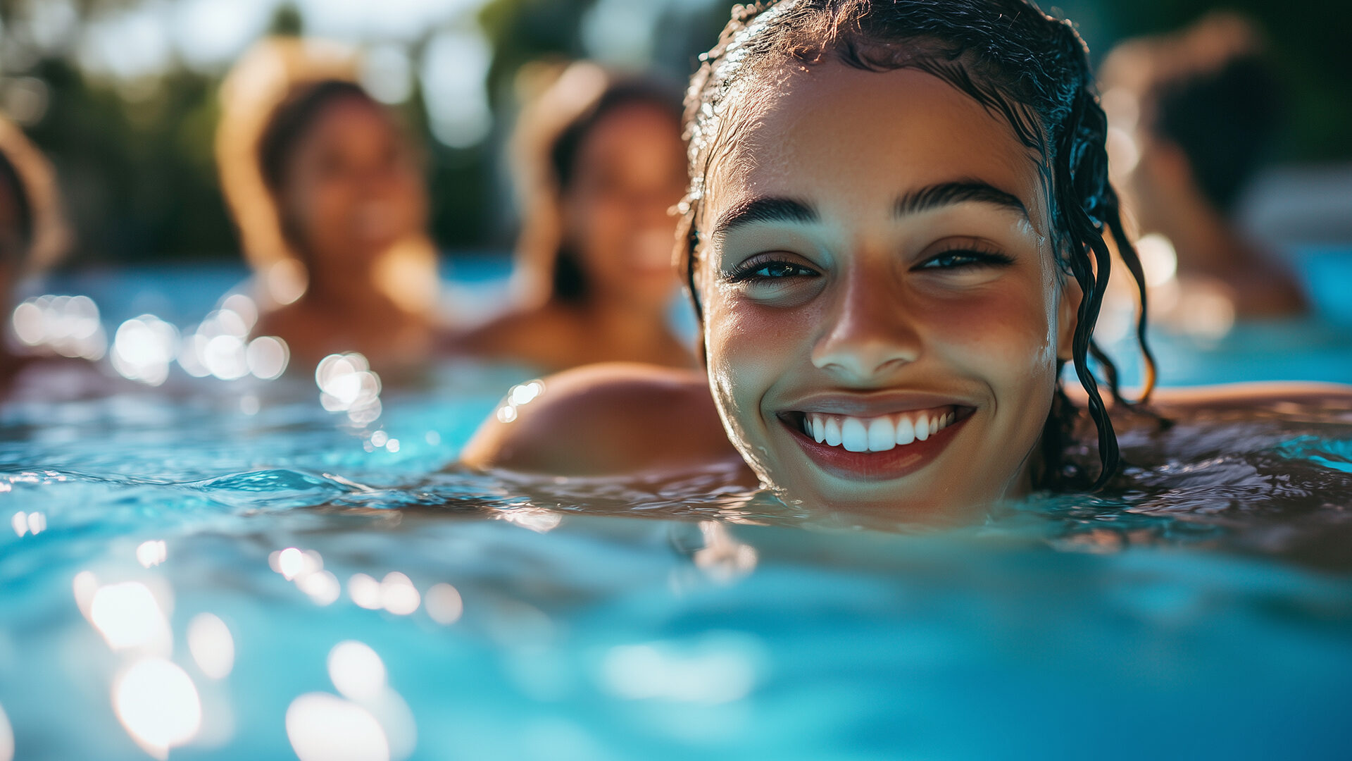 Donna sorridente in una piscina termale